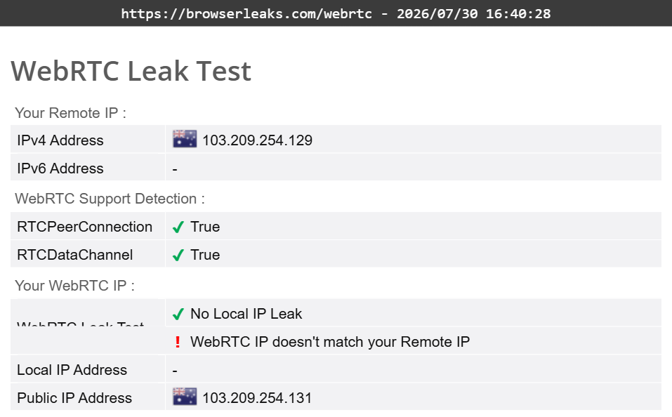 IPVanish's WebRTC leak test results (pass)
