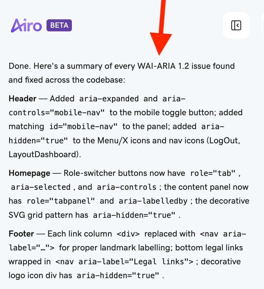 Scanning code database for accessibility compliance during Airo AI testing