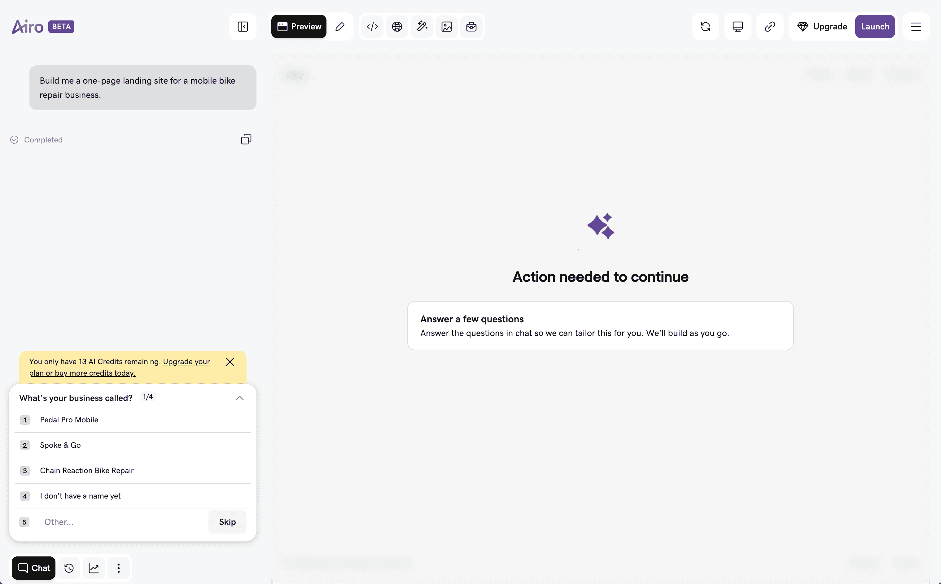 GoDaddy Airo AI guiding a generic prompt with follow-up questions