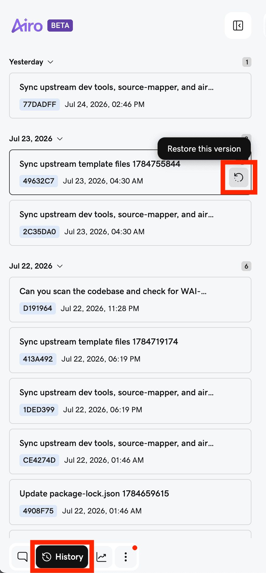 Version control inside Airo AI