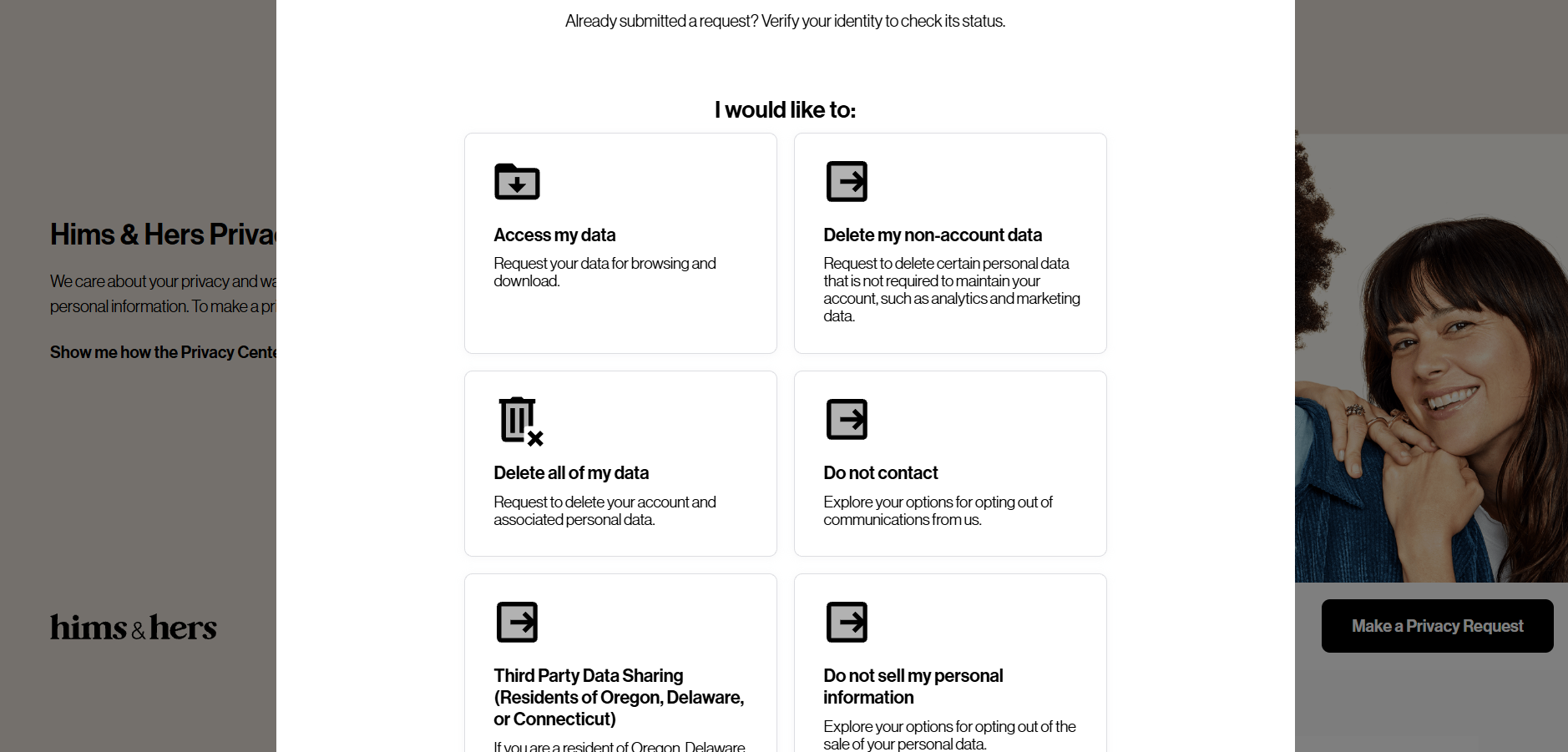 Hims & Hers Privacy Center privacy request options
