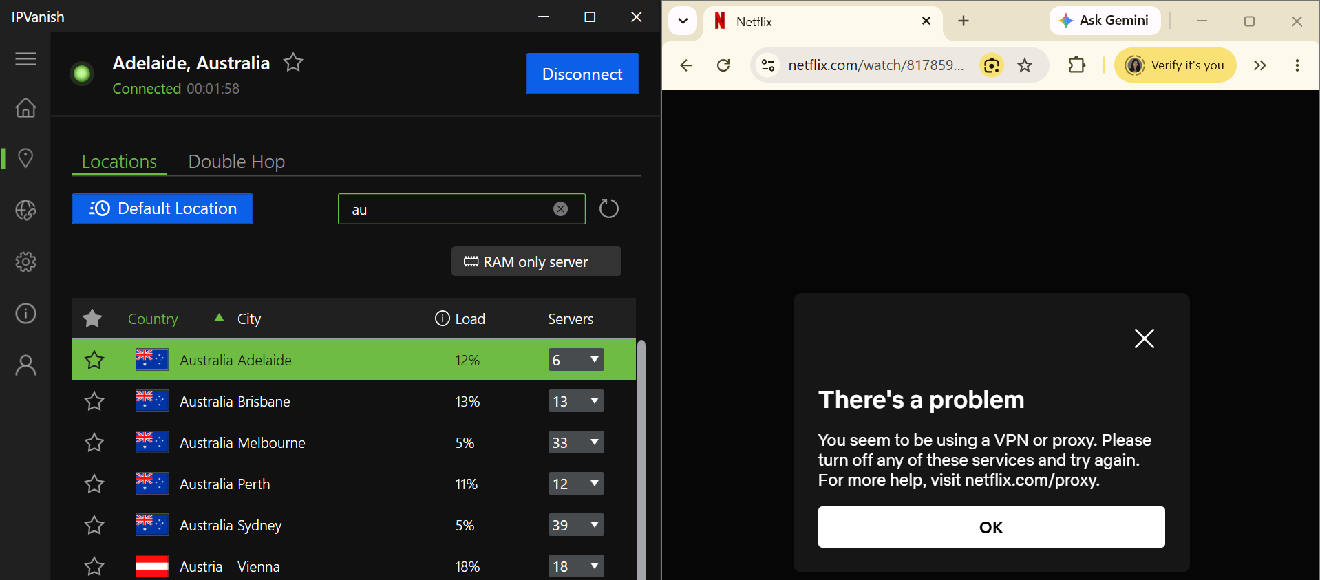 Netflix error page detecting a VPN side by side with IPVanish connected to an Australian server