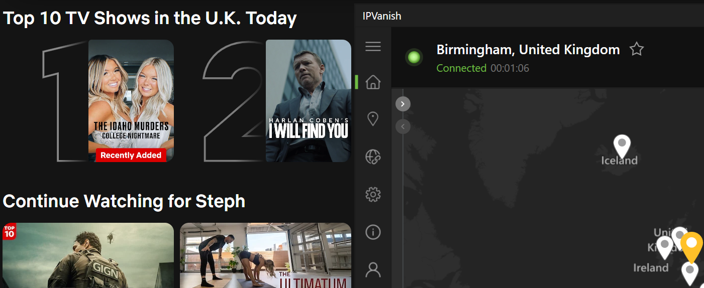 Netflix list of top shows in the U.K. today with IPVanish in the foreground