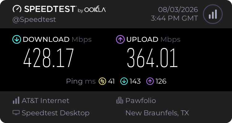 Baseline speed test before testing PureVPN (428.17 download, 364.01 upload, 41 ping)