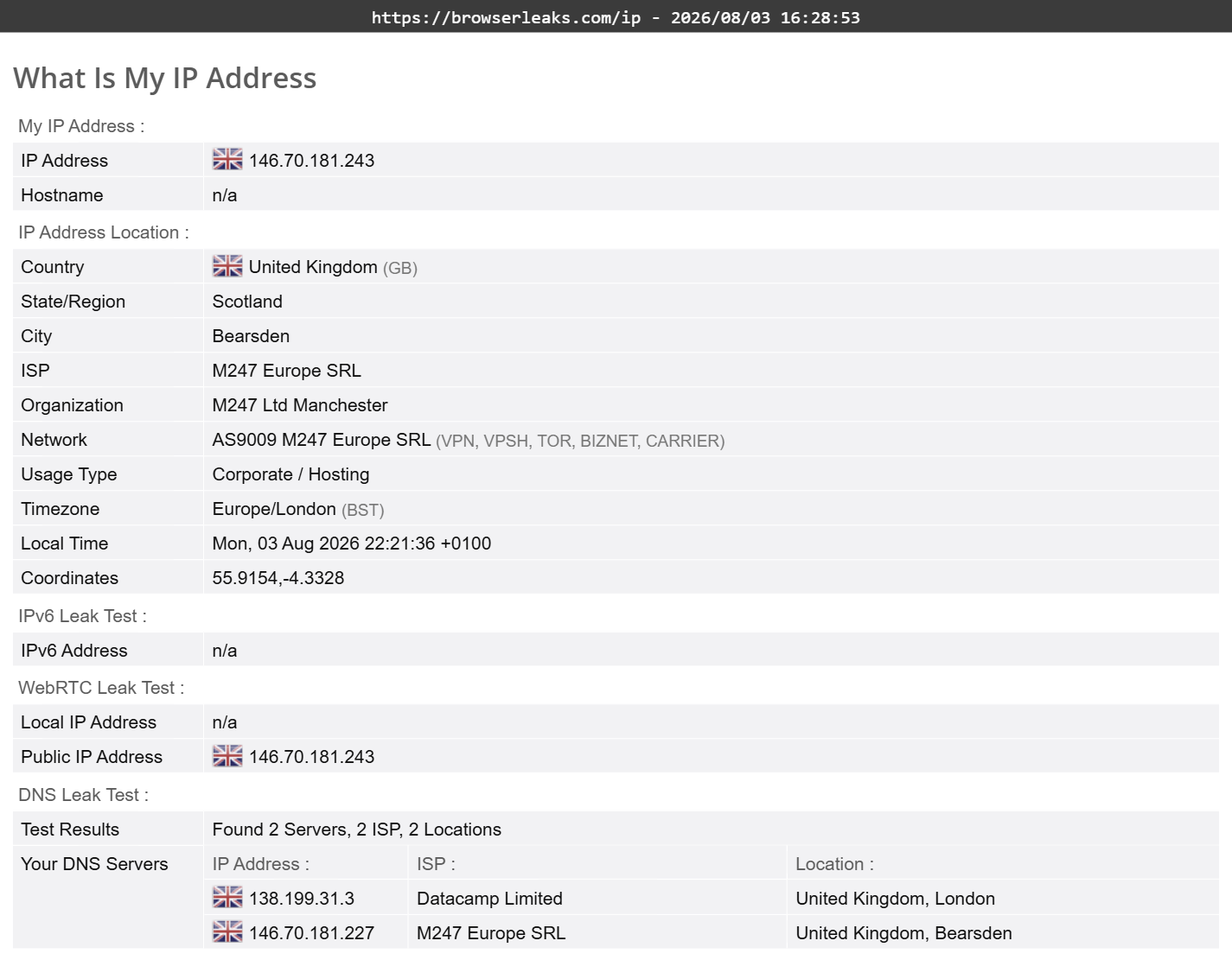 PureVPN's DNS leak test results (pass)