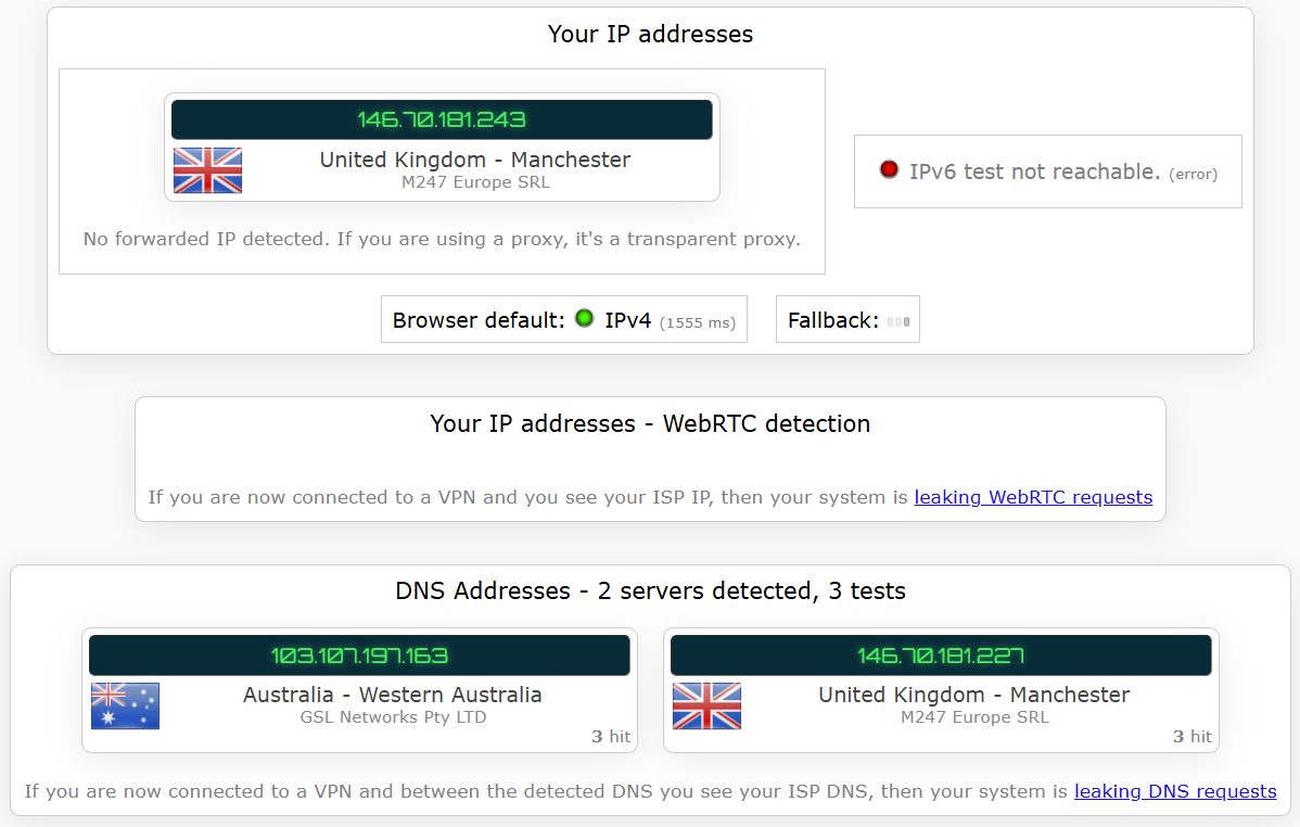 PureVPN's kill switch test results (pass)