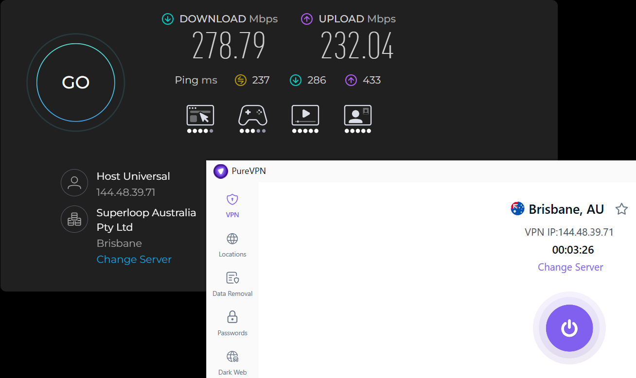 Speed test results for PureVPN while connected to a server in Brisbane (278.79 download, 232.04 upload, 237 ping).