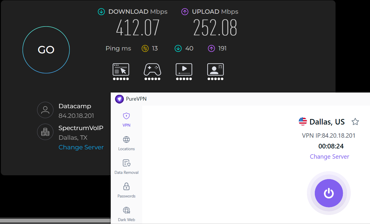 Speed test results for PureVPN while connected to a server in Dallas (412.07 download, 252.08 upload, 13 ping).