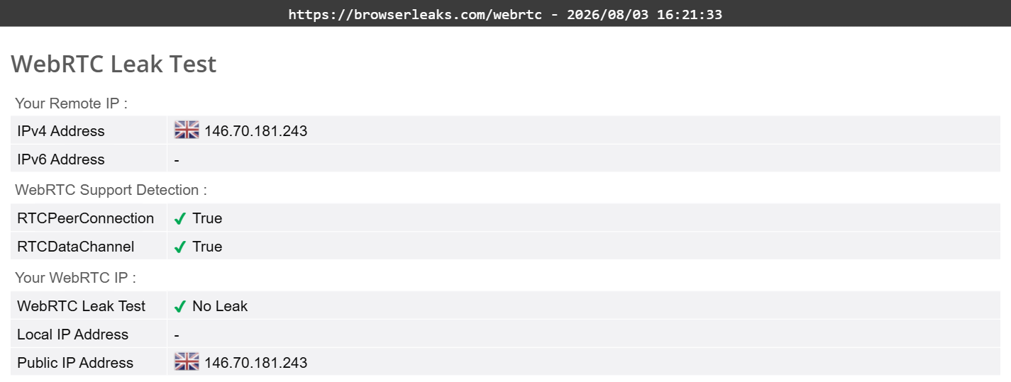 PureVPN's WebRTC leak test results (pass)