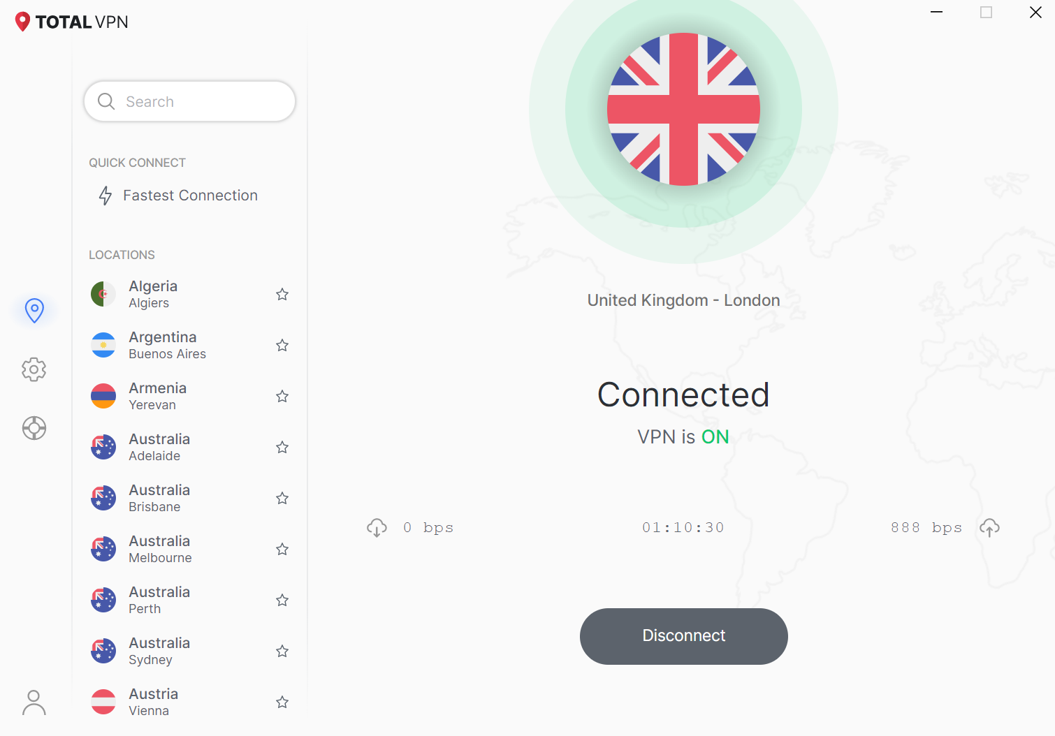 Total VPN standalone app dashboard showing current connection to London server