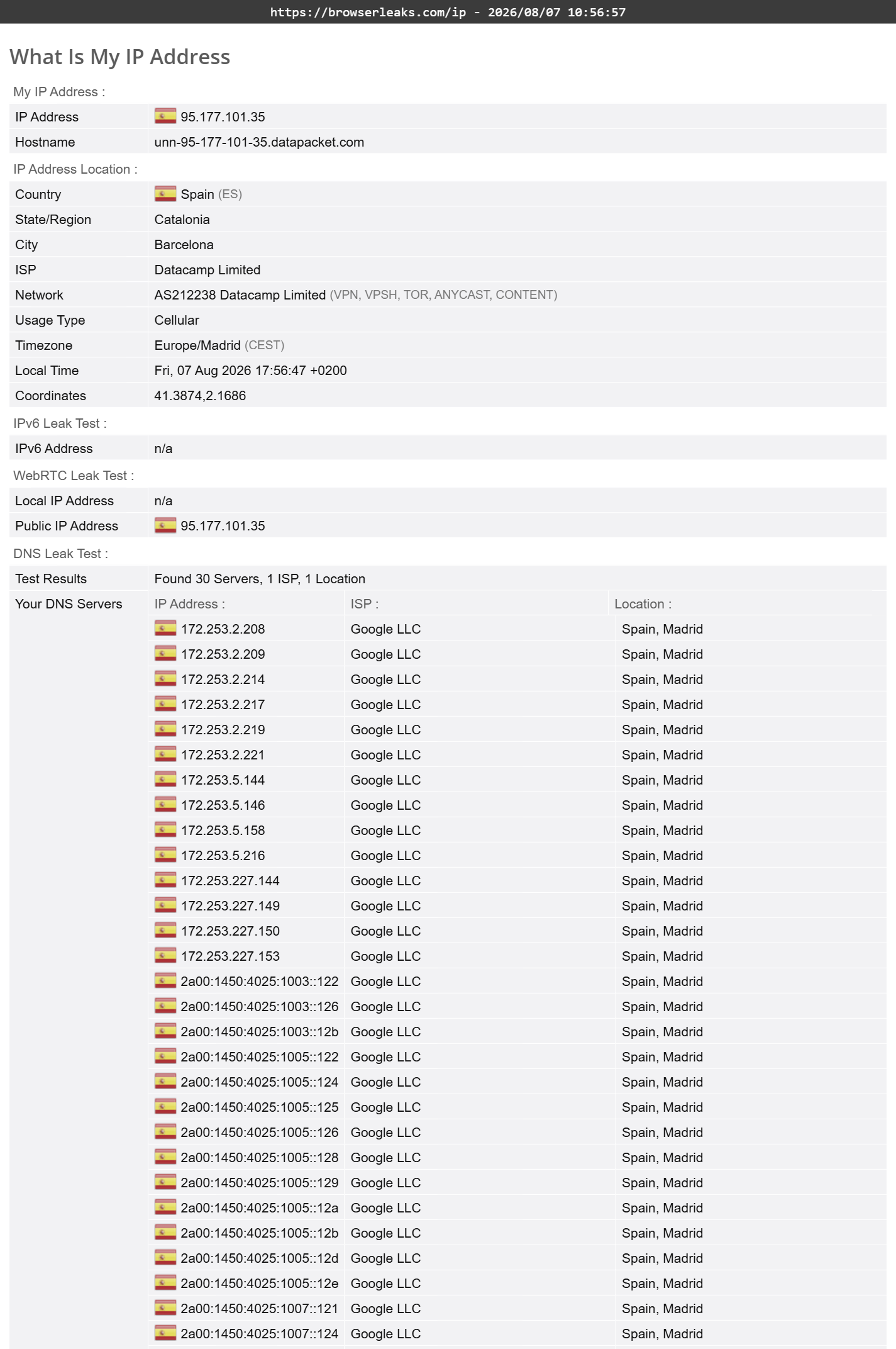 Total VPN's DNS leak test results (passed).