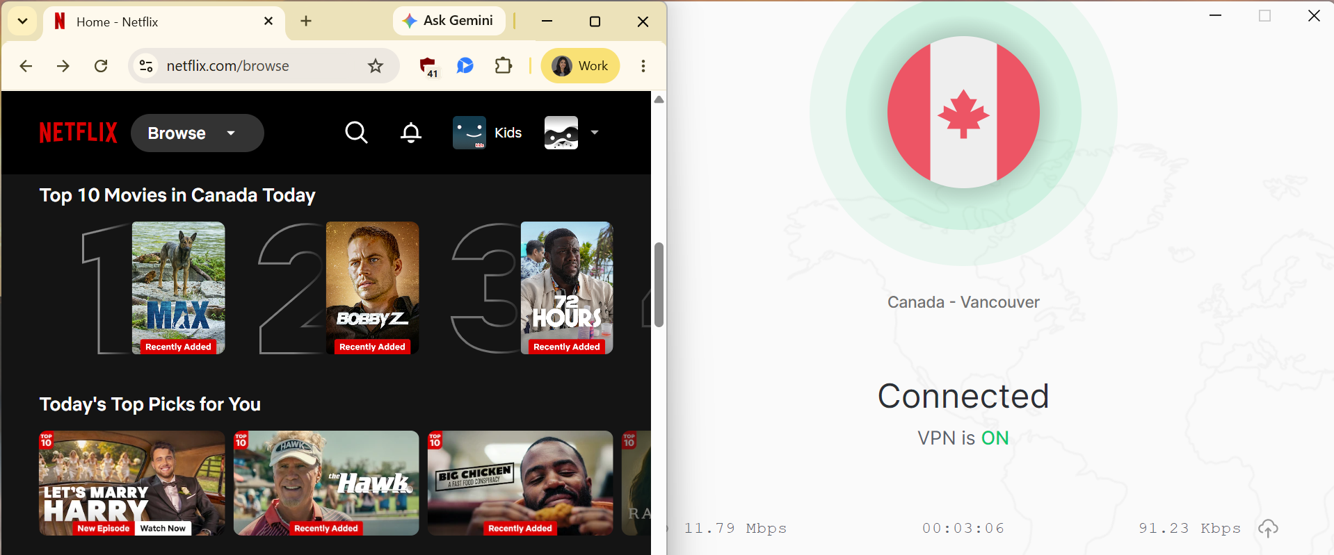 Netflix list of top movies in Canada today with Total VPN in the foreground