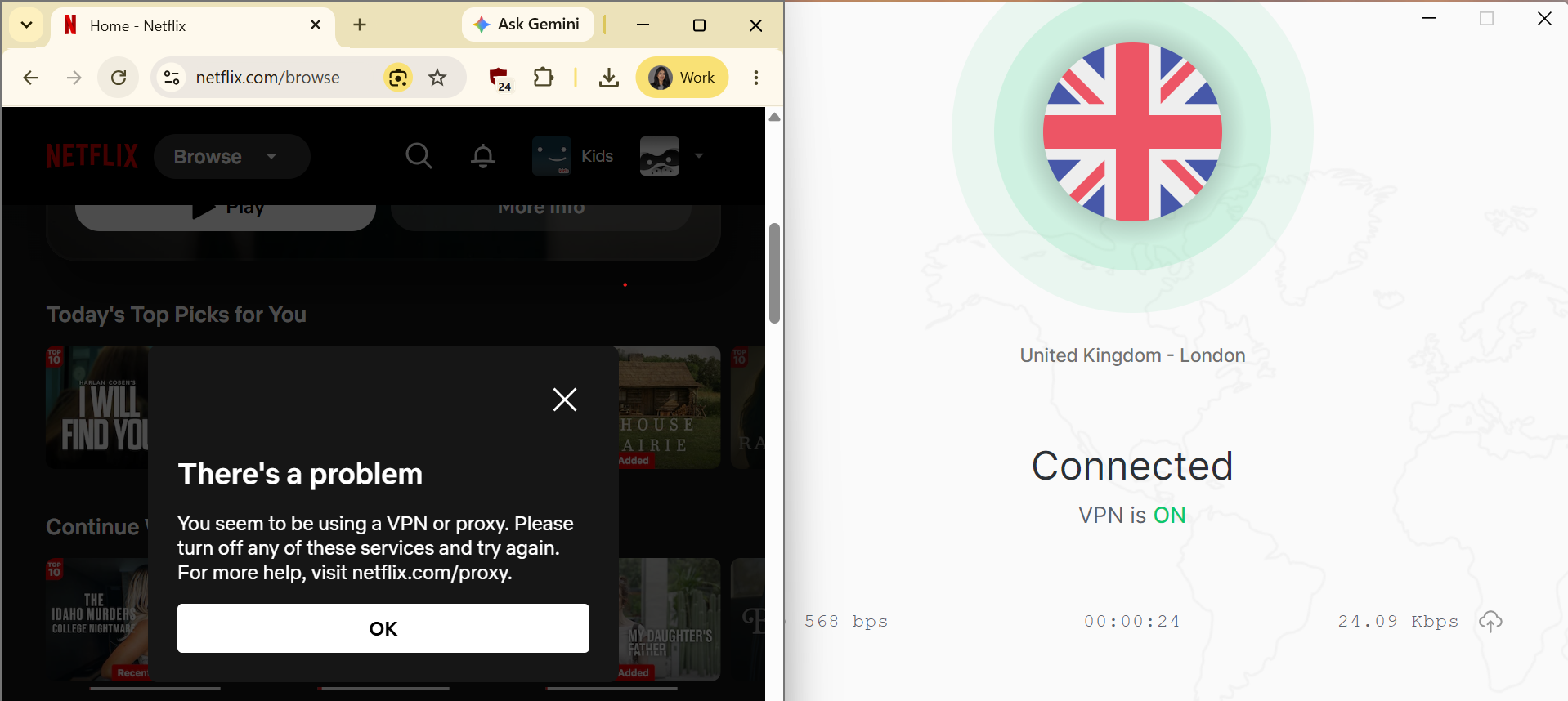 Netflix error detecting our VPN use side by side with Total VPN