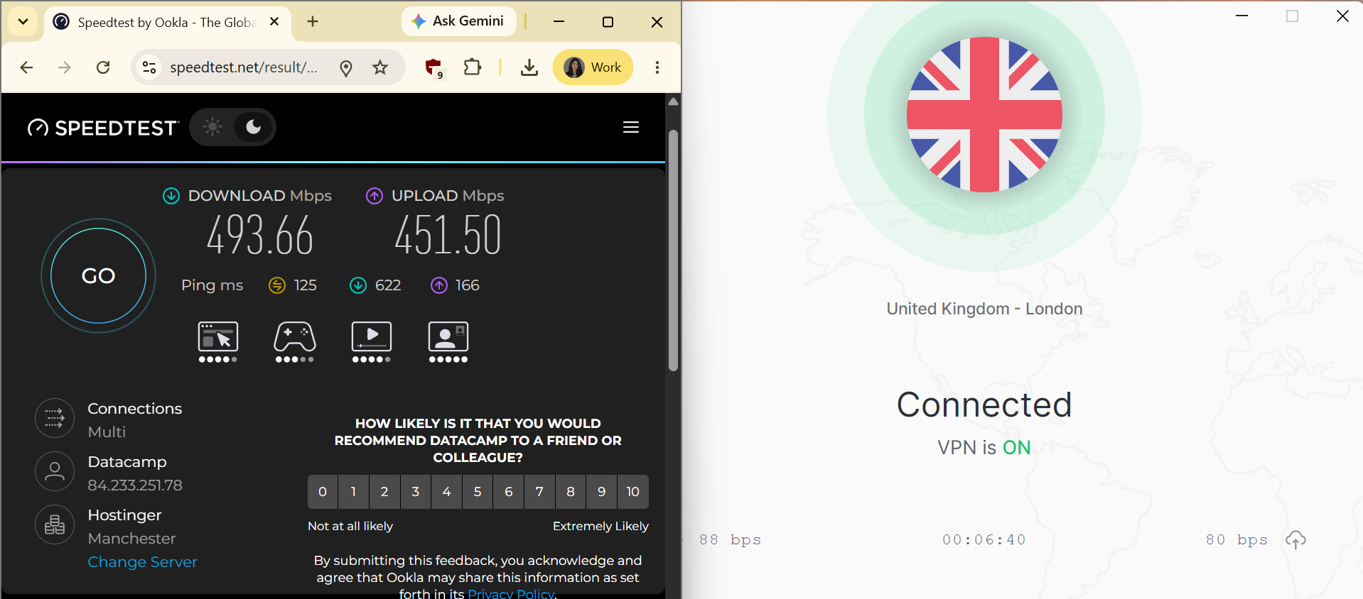 Speed test results for Total VPN while connected to a server in Dallas (493.66 download, 451.50 upload, 125 ping)