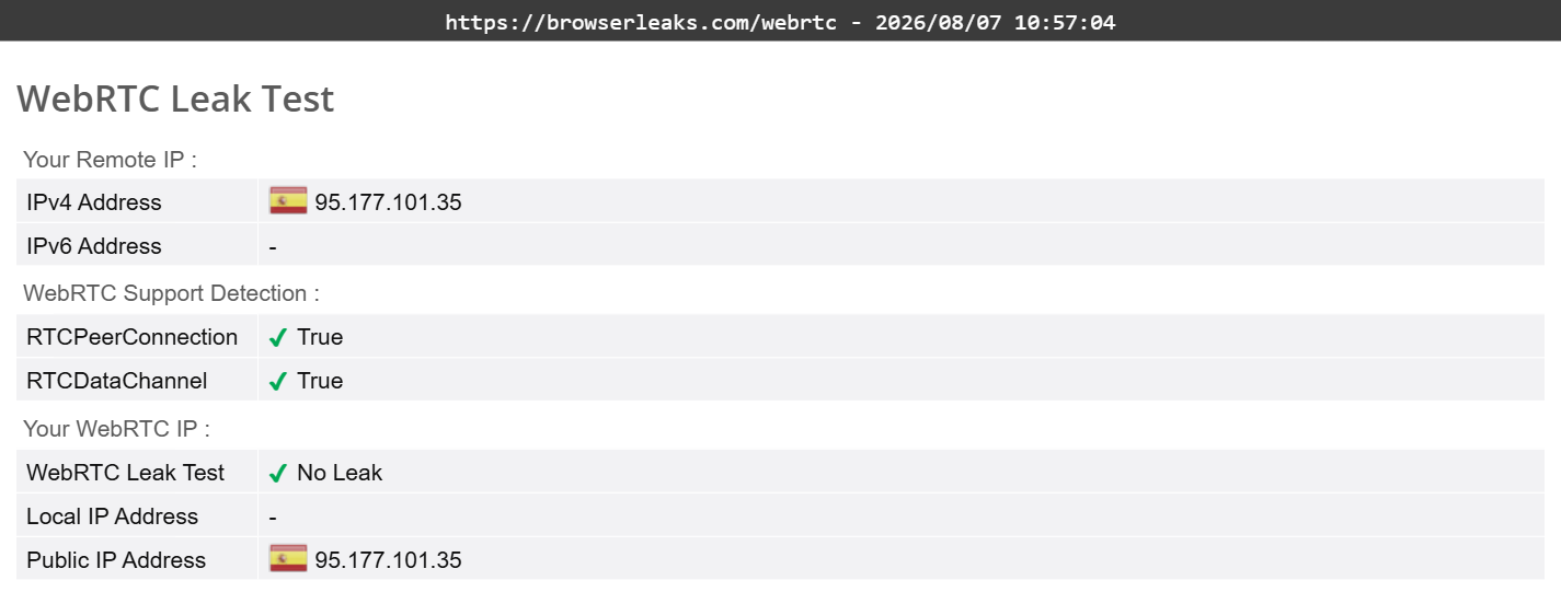 Total VPN's WebRTC leak test results (passed).