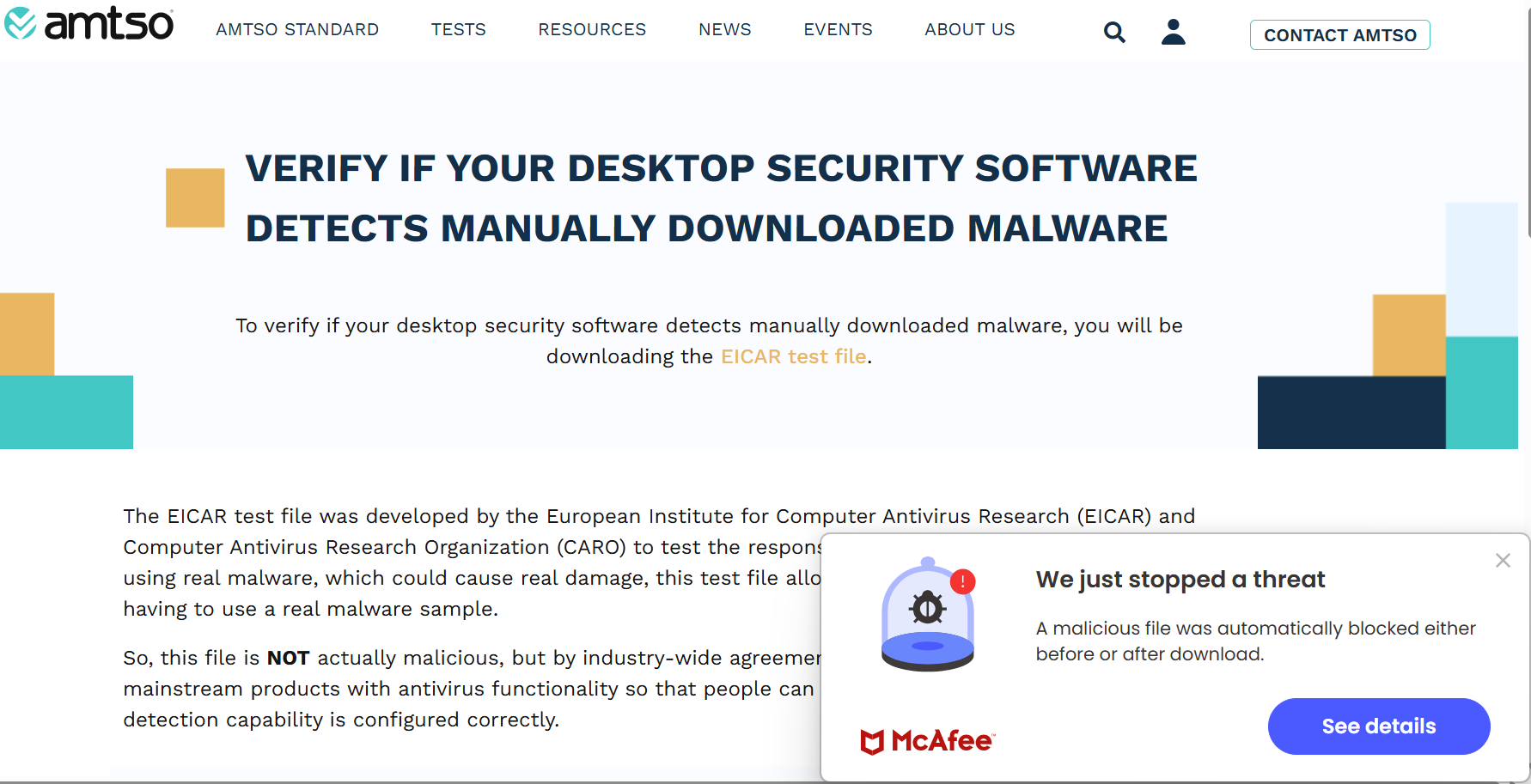 EICAR manually downloaded malware page with McAfee pop-up after blocking file