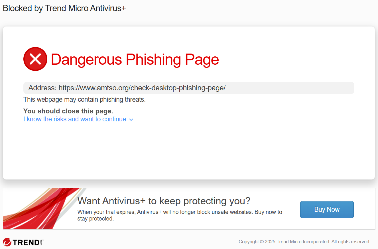 Trend Micro phishing page warning
