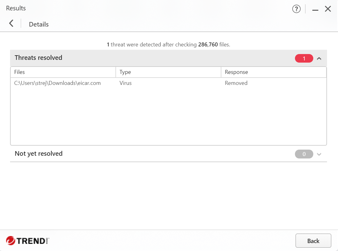 Trend Micro full scan results (1 threat resolved)