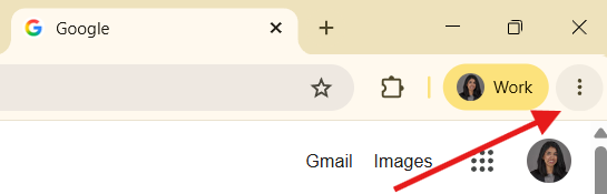 Arrow pointing at three vertical dot menu for Google Chrome