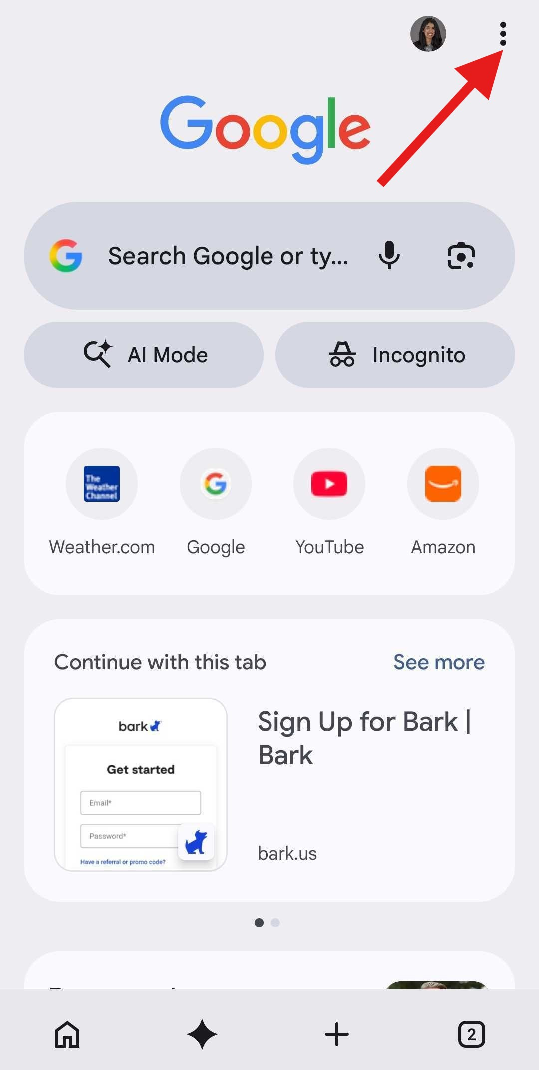 Arrow pointing at three vertical dot menu for Google Chrome for Android