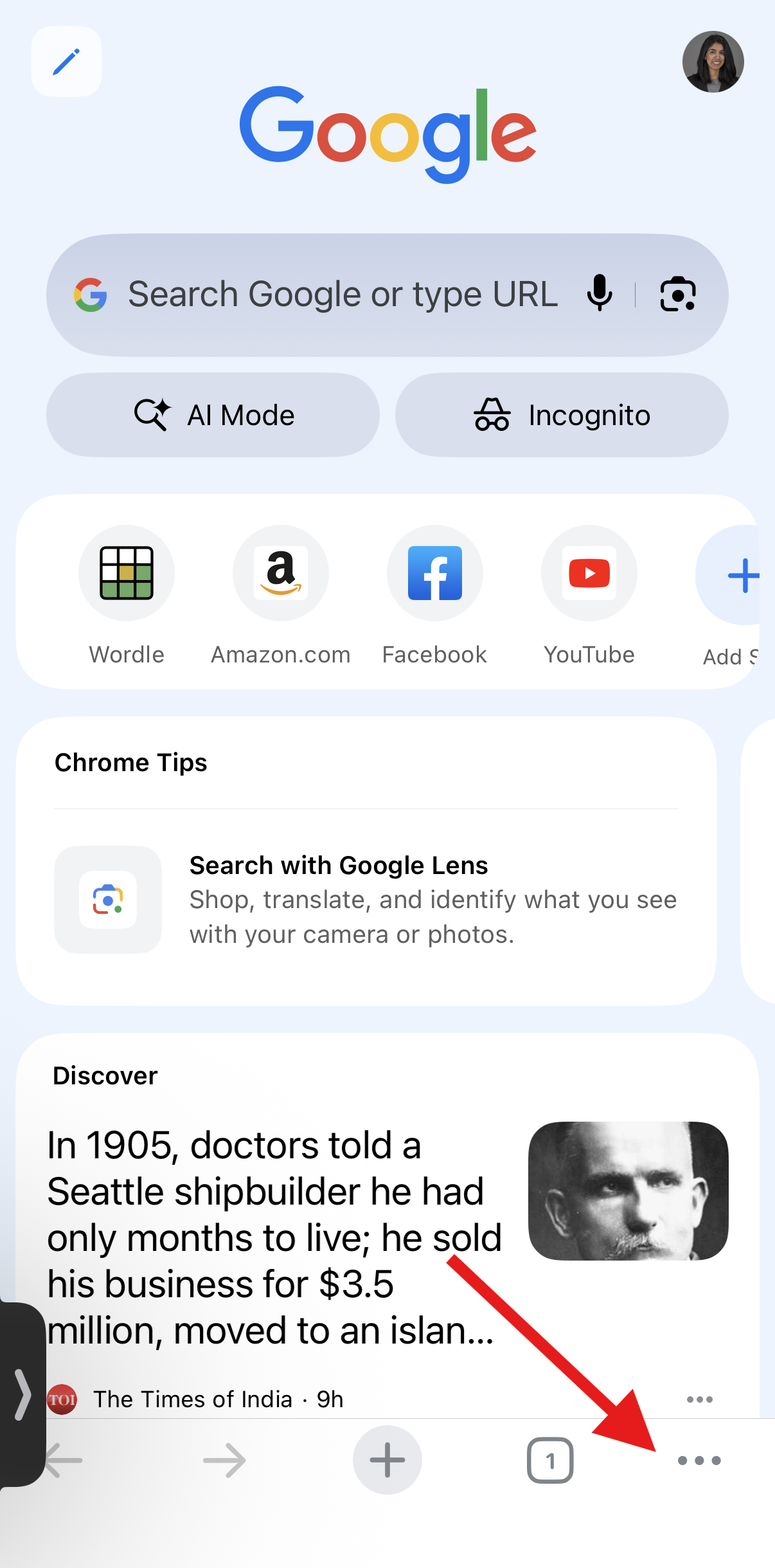 Arrow pointing at three vertical dot menu for Google Chrome for iPhone