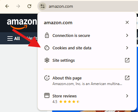 Amazon homepage with arrow pointing to its Cookies and site data from Chrome