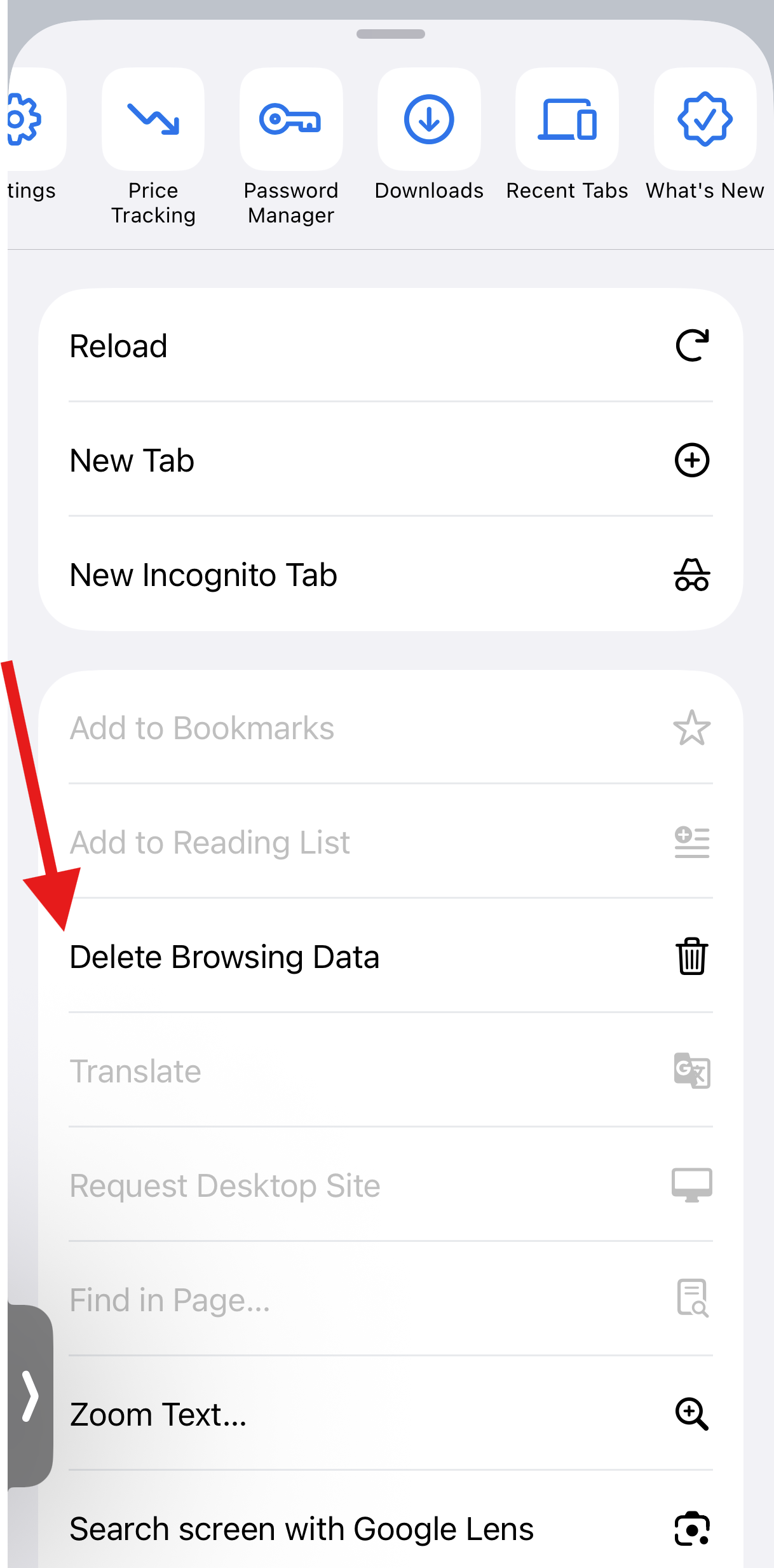 Arrow pointing at Delete browsing data on Google Chrome dropdown menu or iPhone