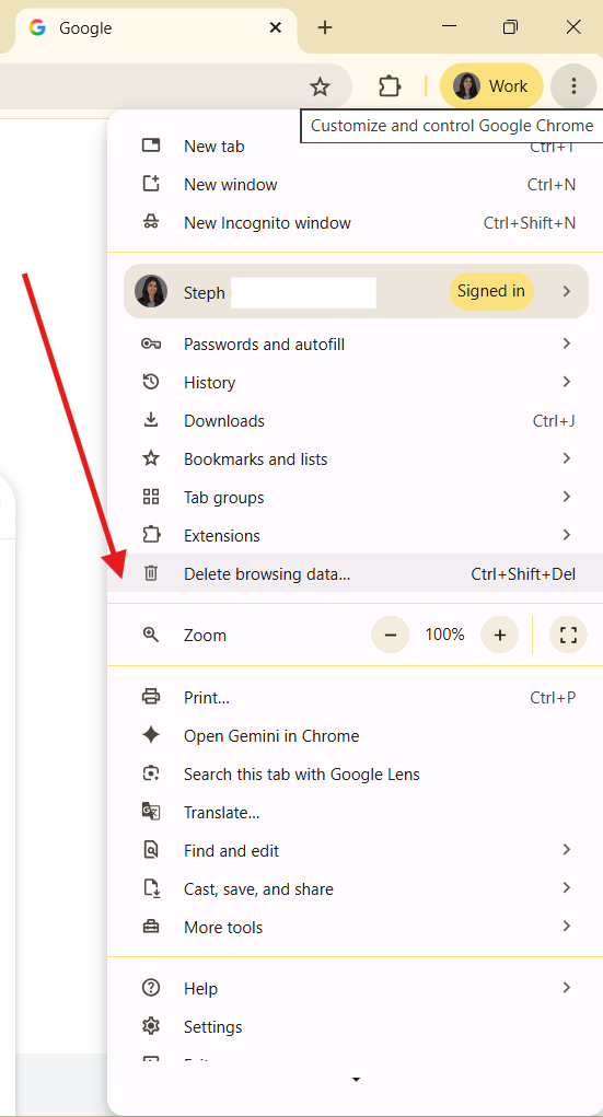 Arrow pointing at Delete browsing data on Google Chrome dropdown menu