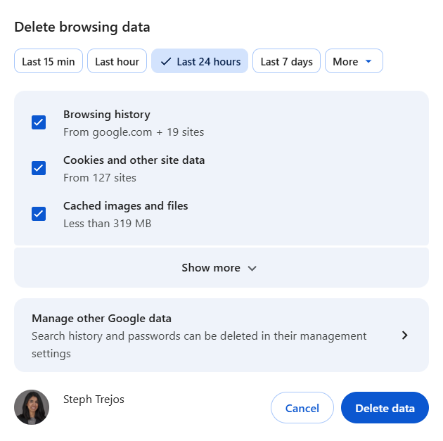 Google Chrome delete browsing data window
