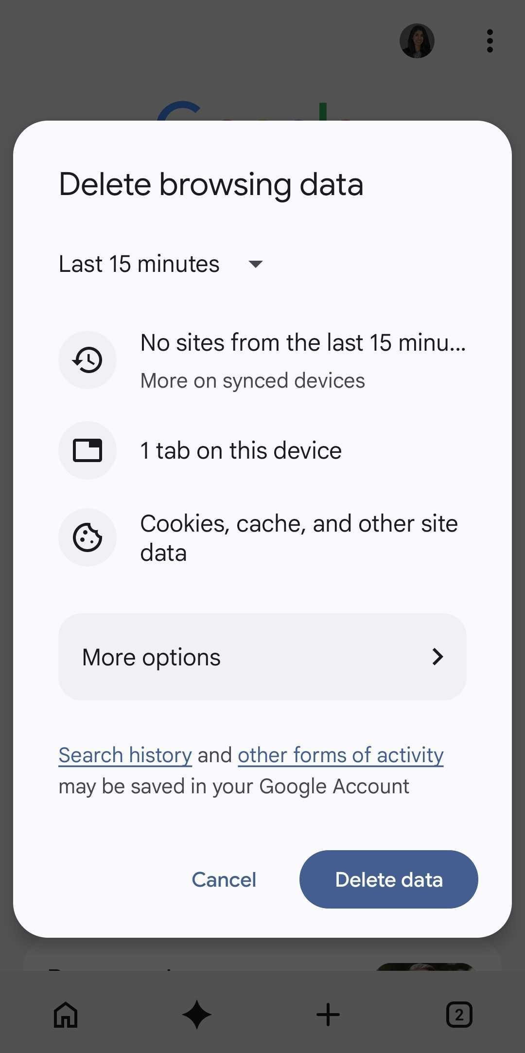 Google Chrome for Android delete browsing data window