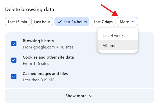 Google Chrome delete browsing data window with arrow pointing to "More" button
