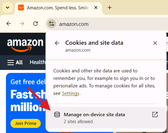 Amazon homepage with arrow pointing to Manage on-device site data option on Cookies and site data menu