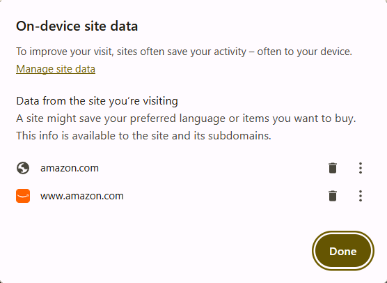 On-device site data window for Amazon.com