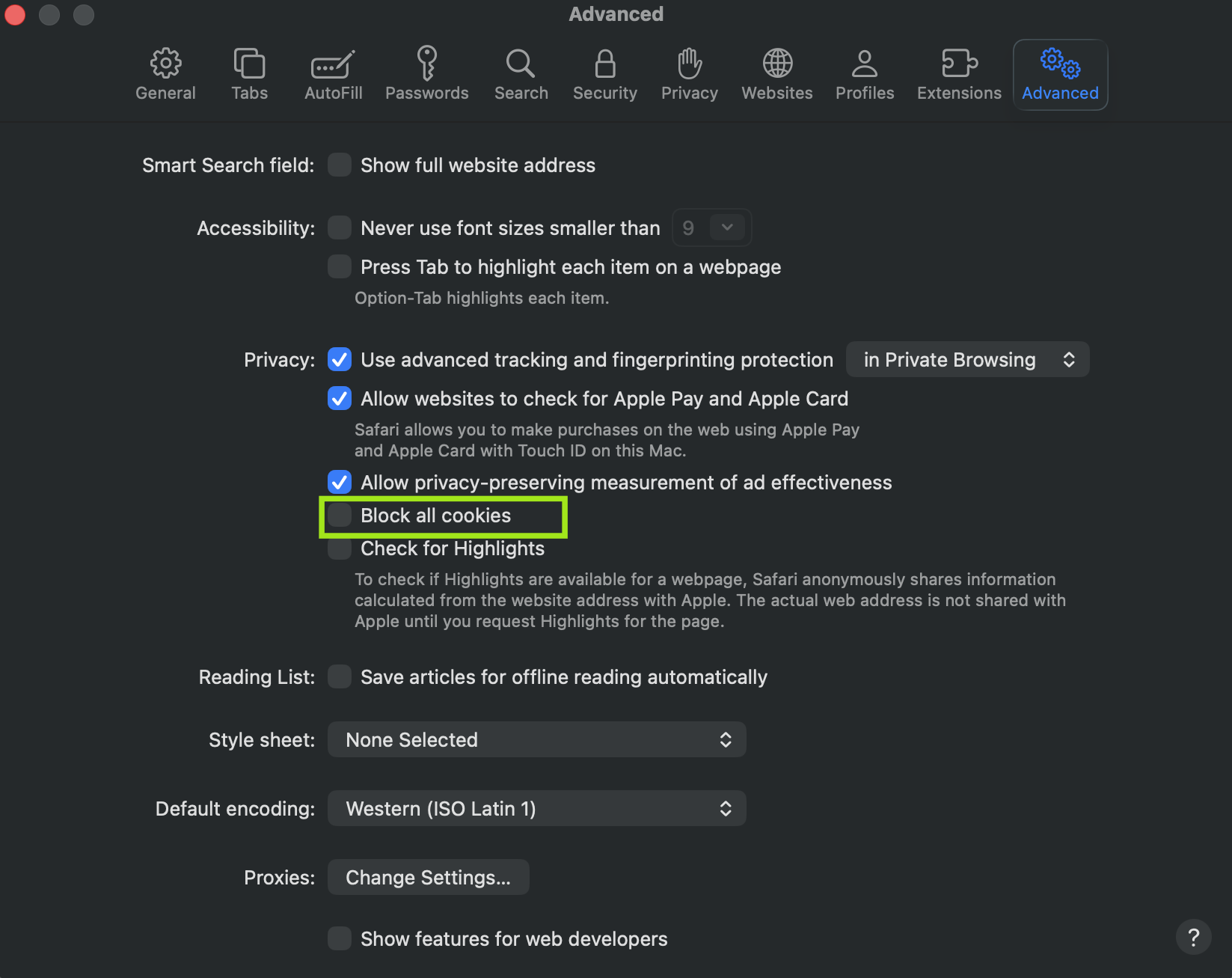 Safari settings open on advanced tab with a green rectange around Block all cookies