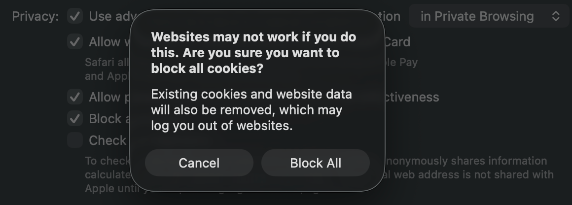 Warning from Safari about blocking all cookies
