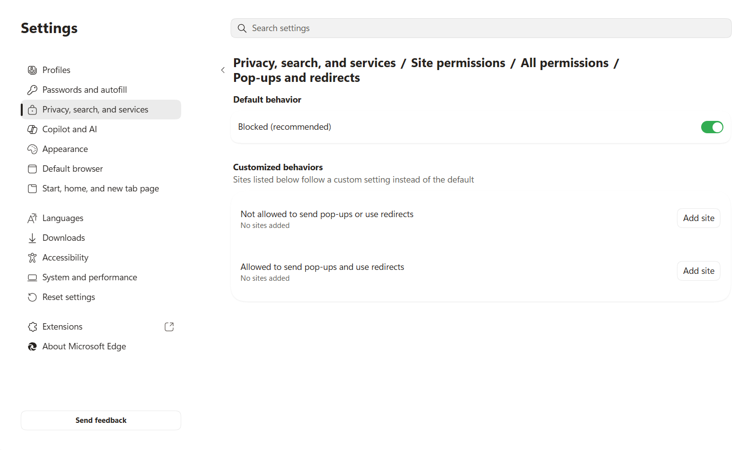 Microsoft Edge pop-ups and redirects menu