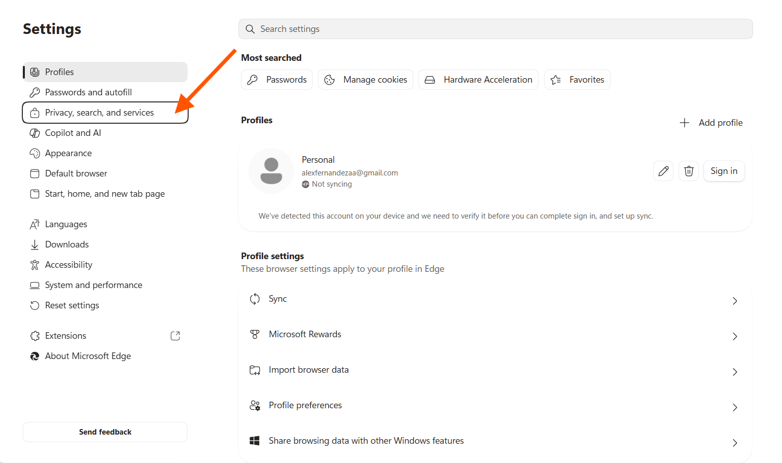 Microsoft Edgge settings with an arrow pointing to "Privacy, search, and services"