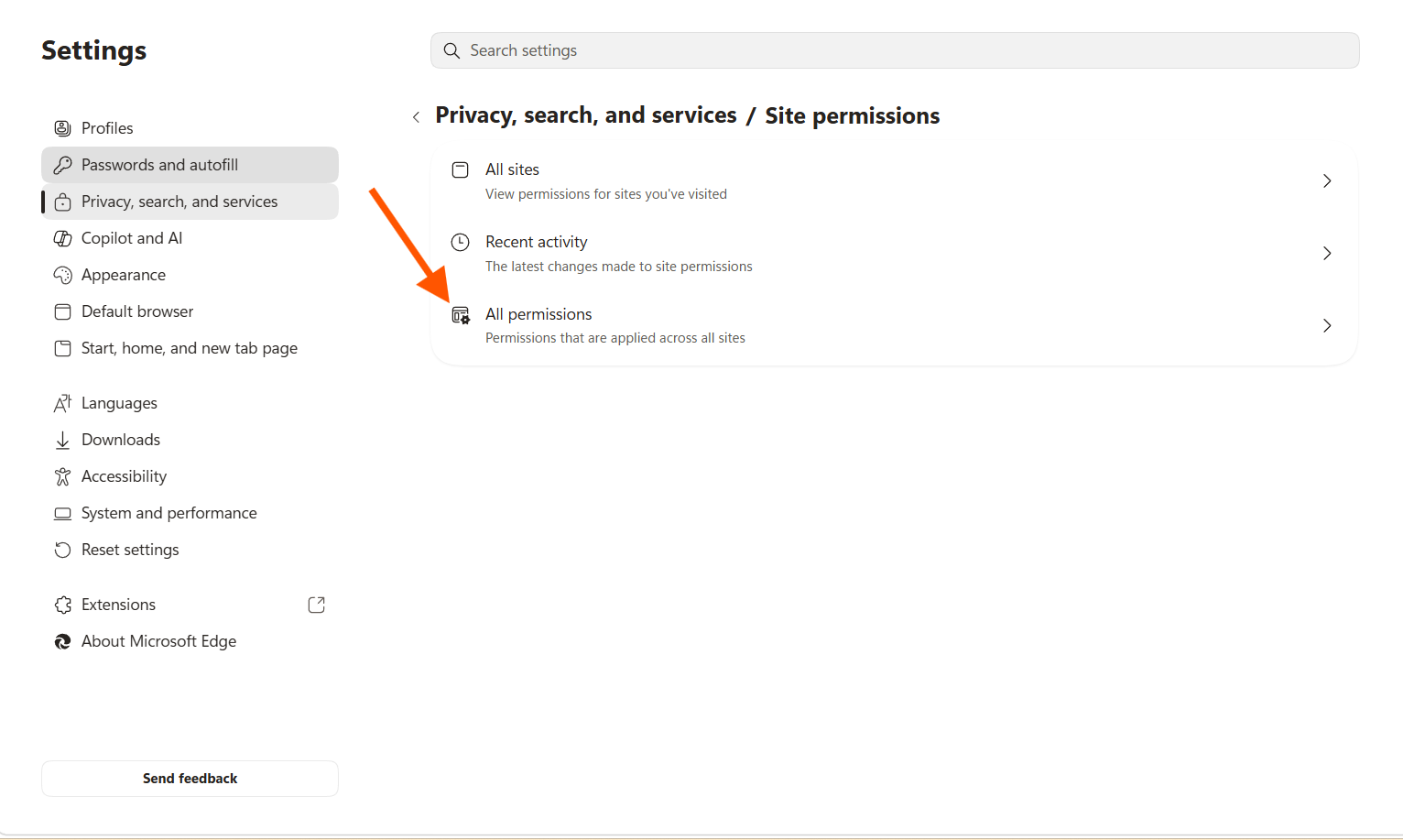 Microsoft Edge Site permissions settings with arrow pointing to "All permissions"