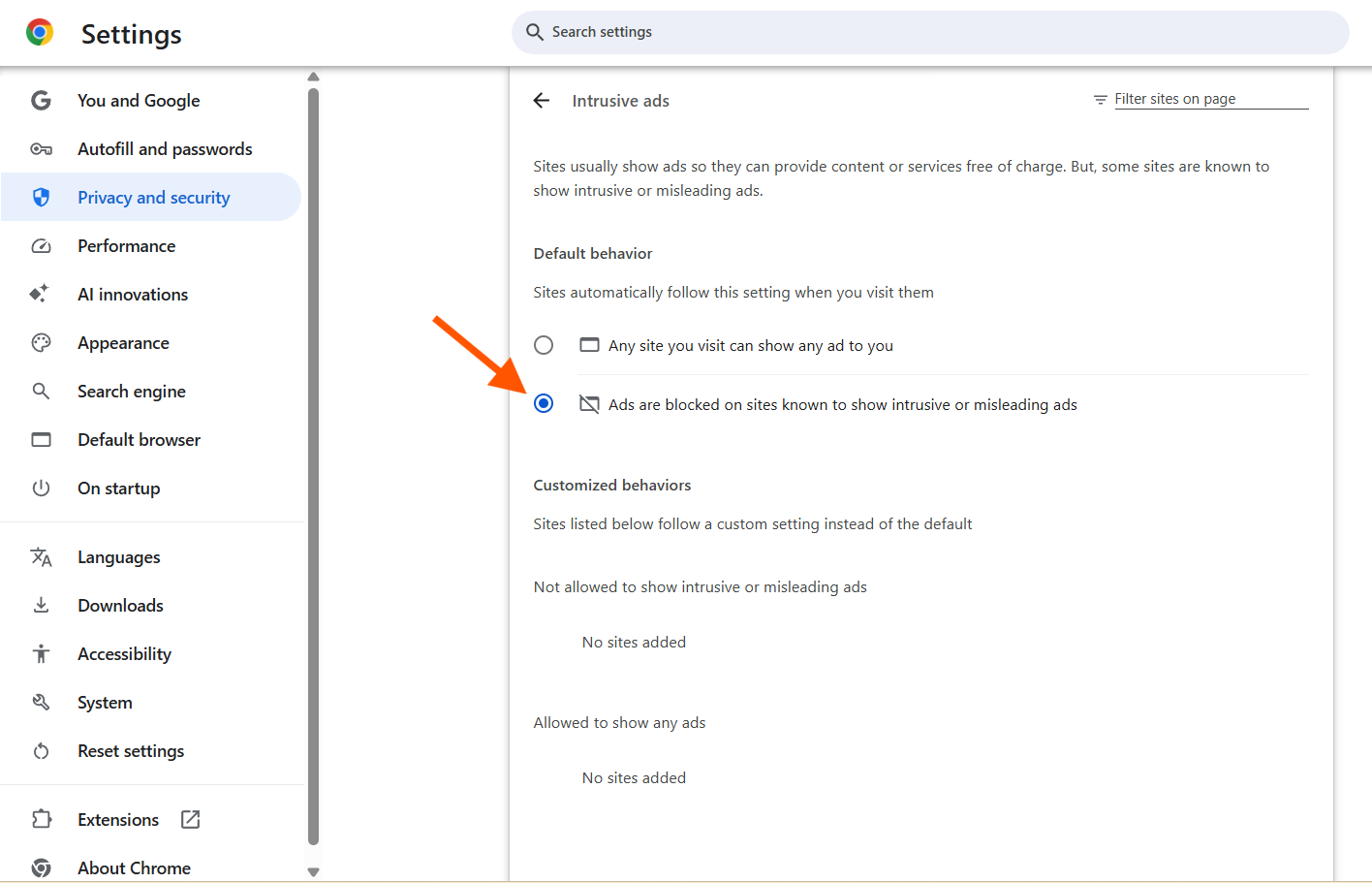 Google Chrome Intrusive ads settings with arrow pointing to "Ads are blocked on sites known to show intrusive or misleading ads"
