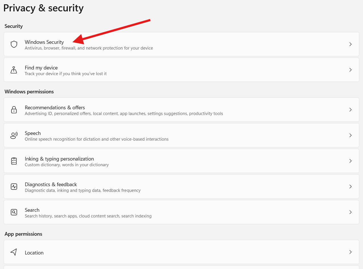 Windows Privacy & security settings with arrow pointing at Windows Security option