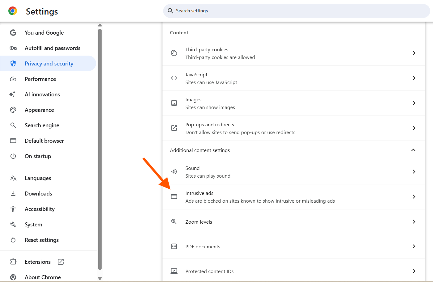 Google Chrome site settings with an arrow pointing to intrusive ads