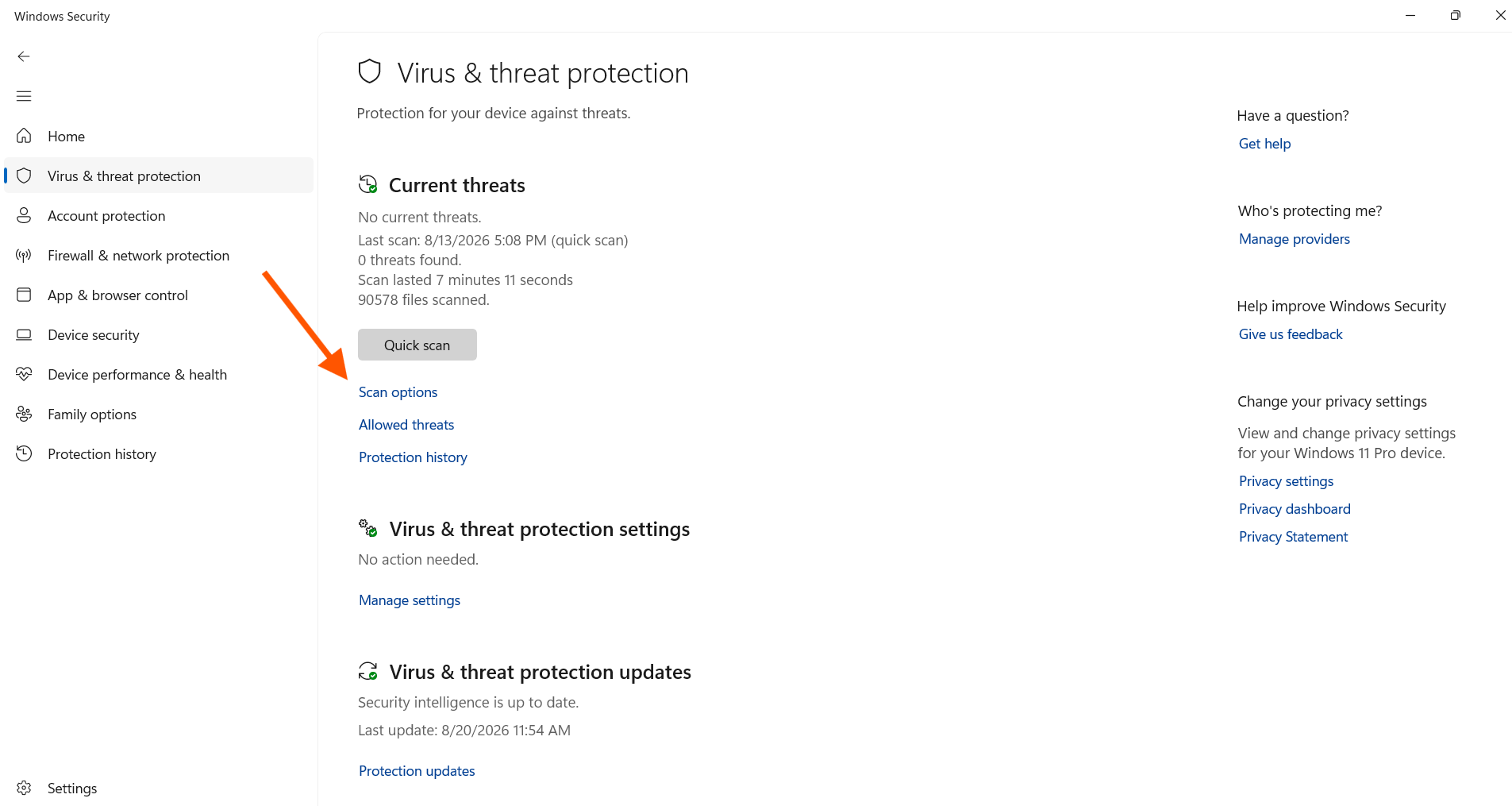 Windows Security Virus & protection tab, with arrow pointing to Scan options