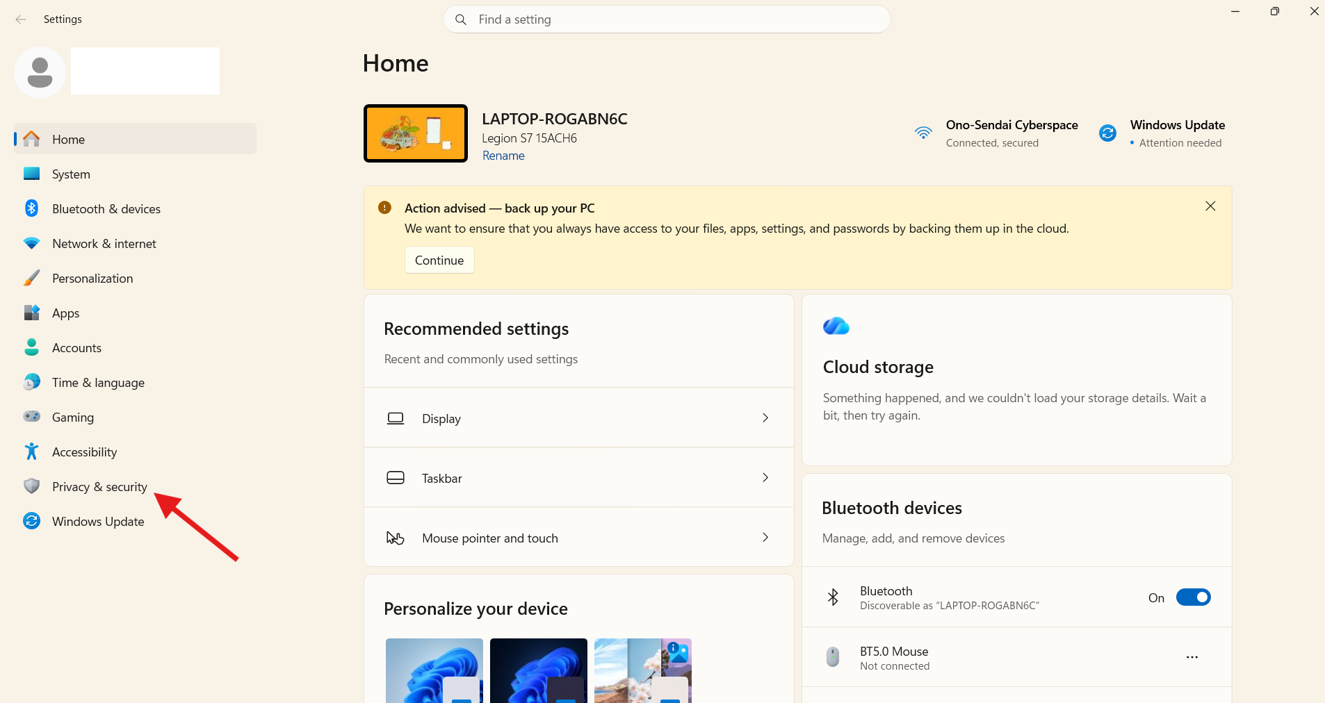 Windows Settings with an arrow pointing at Privacy & Security