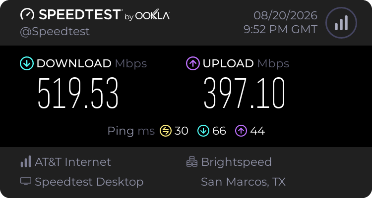 Baseline speed test before testing PrivadoVPN (519.53 download, 397.10 upload, 30 ping)