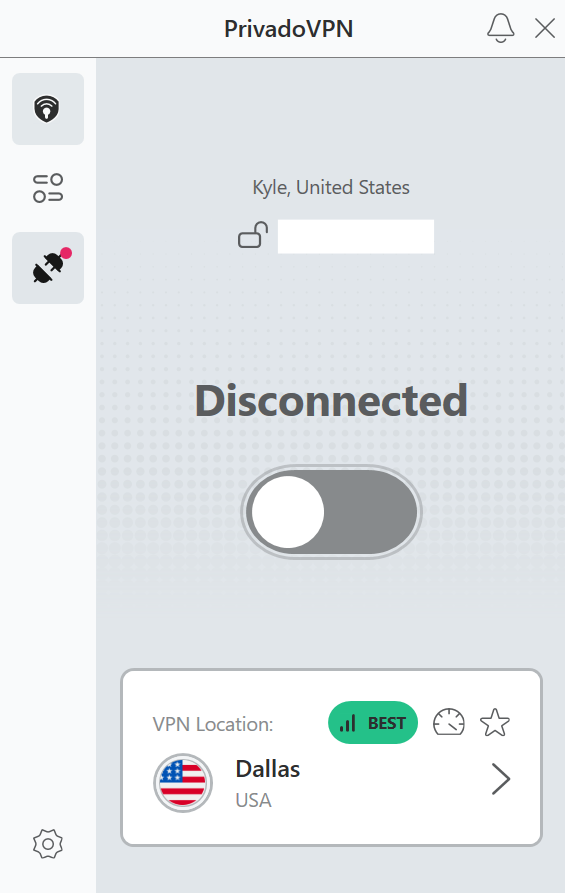 PrivadoVPN dashboard with no server connected