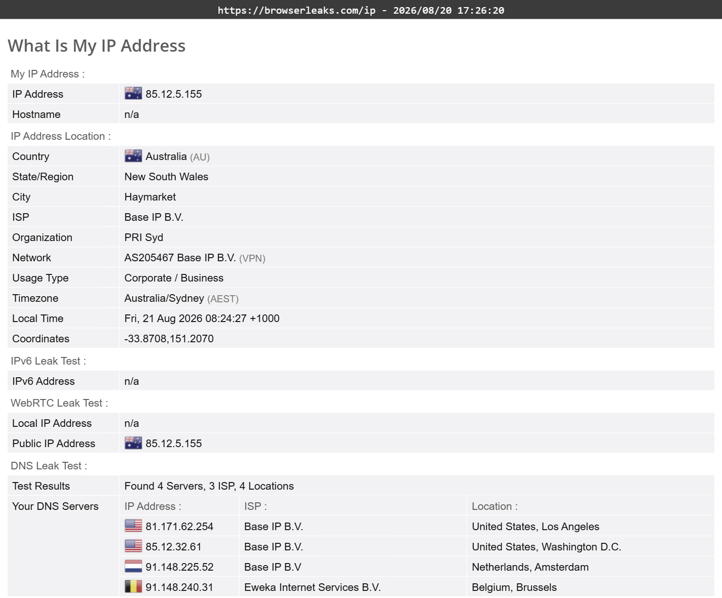PrivadoVPN's DNS leak test results (pass)