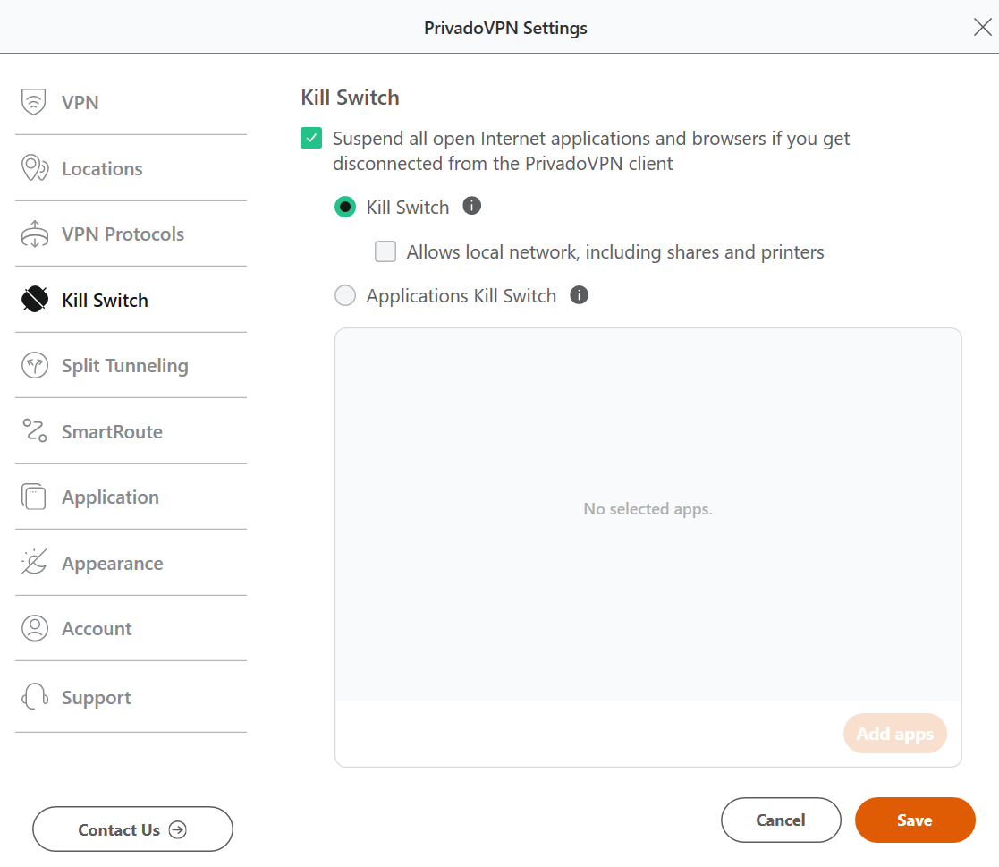 PrivadoVPN kill switch settings