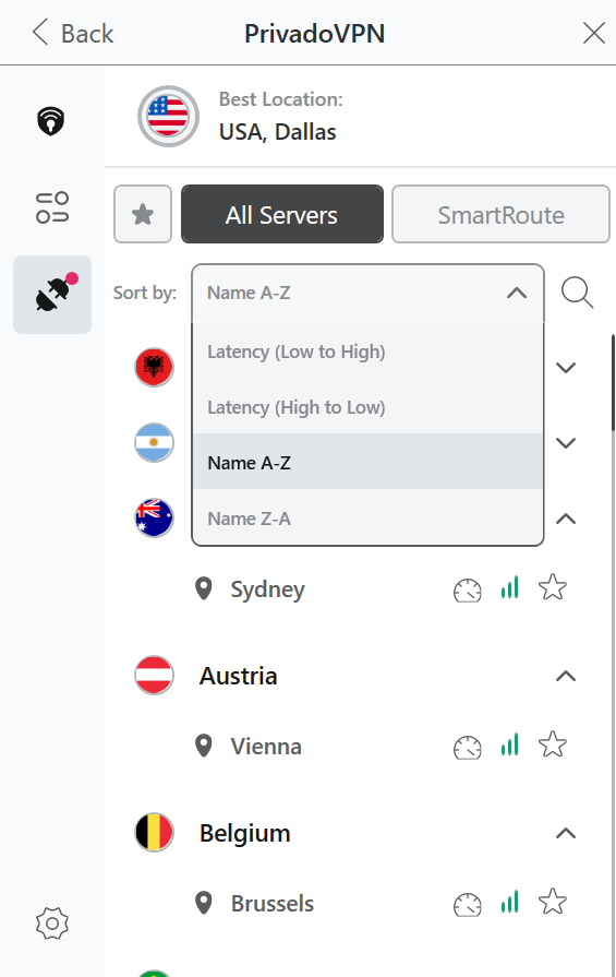 PrivadoVPN server list with list of filters open