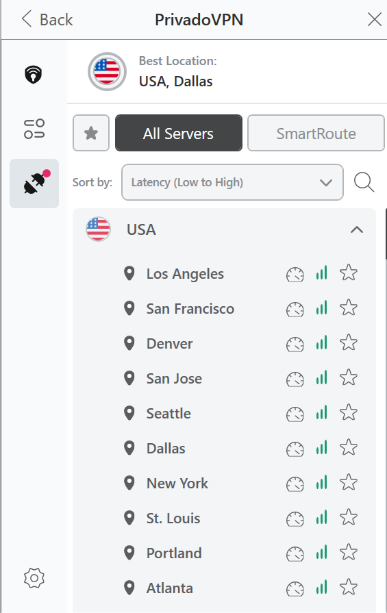 PrivadoVPN list of servers