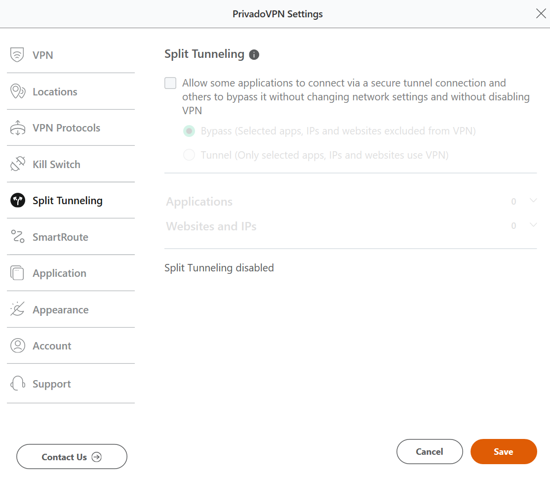 PrivadoVPN split tunneling settings